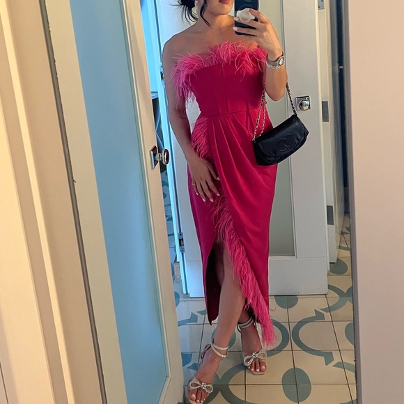 COSMO HOT PINK BANDEAU CORSET MAXI DRESS WITH FEATHER TRIM - Picture 5 of 5